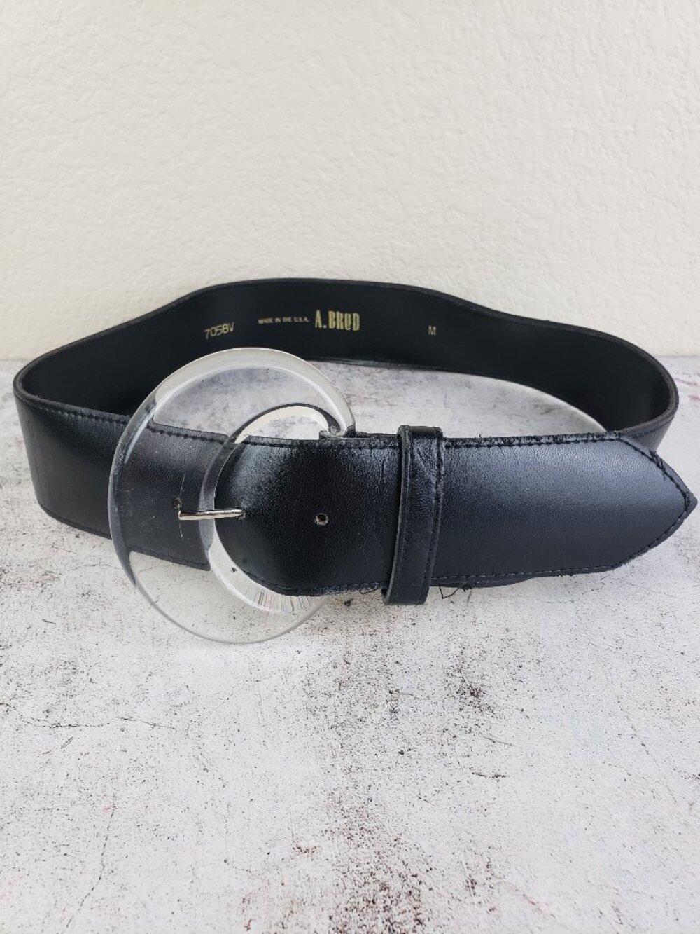 Vintage A.BROD Wide Belt Black 80s Vegan Clear Buckle size M Retro Minimalist